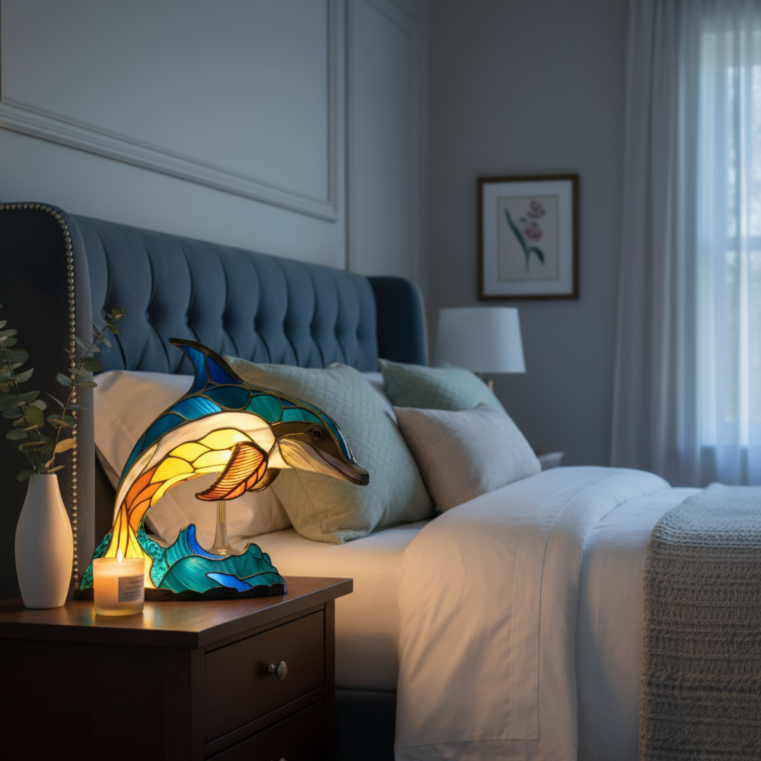 Kunstlampe i Glasmosaik – Enchanting Dolphin