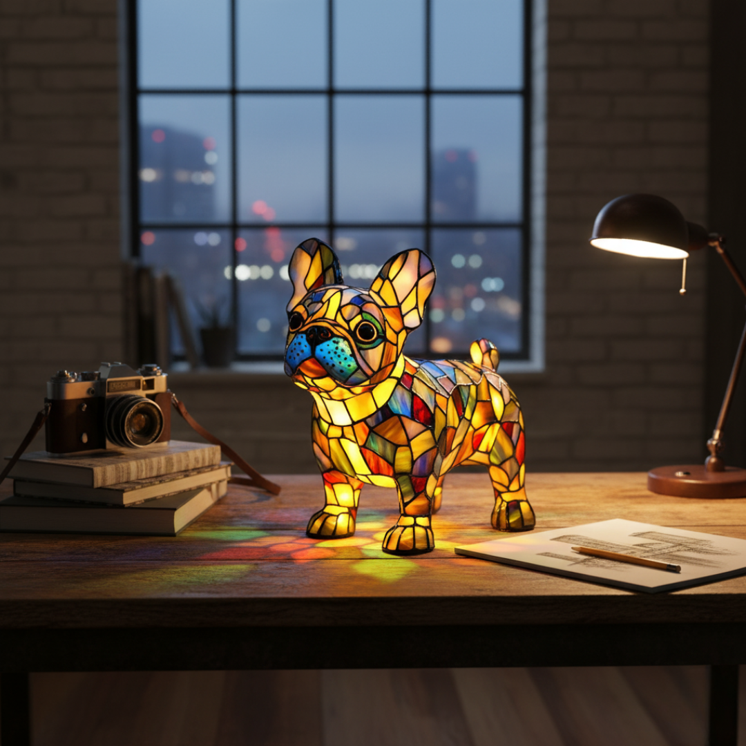 Kunstlampe i Glasmosaik – Shining French Bulldog