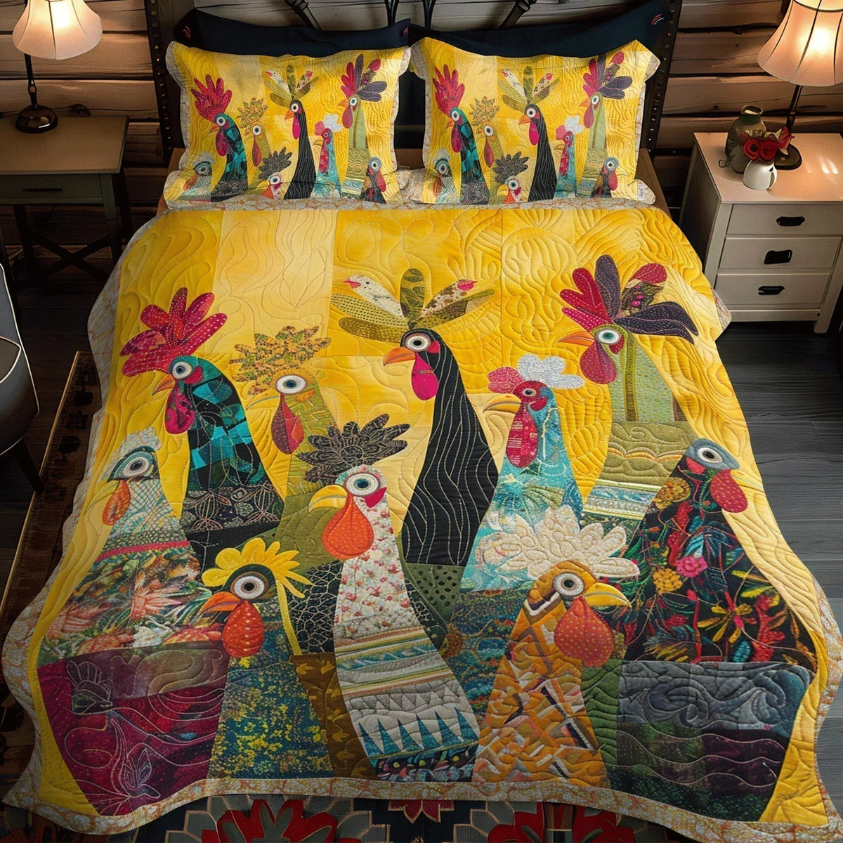 Quiltet Sengesæt 3 Dele – Morning Rooster