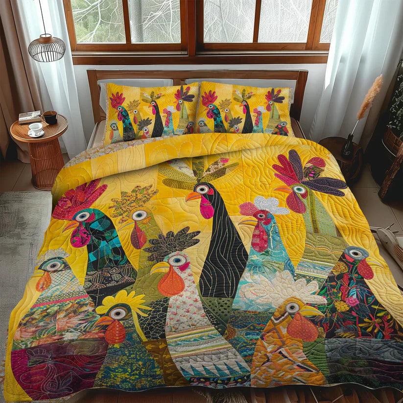 Quiltet Sengesæt 3 Dele – Morning Rooster