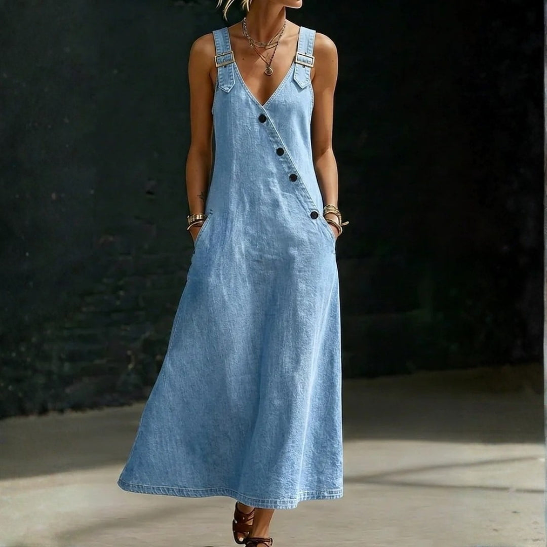 Mai – Lang denimkjole med knapper