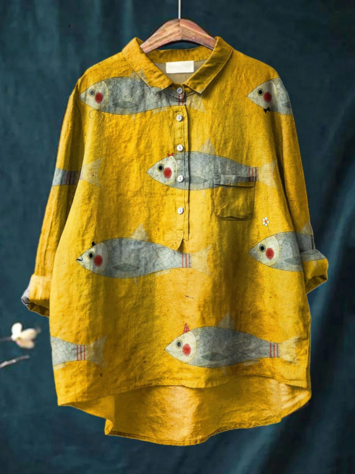 Martha | Vintageinspireret afslappet bluse med fiskekunst