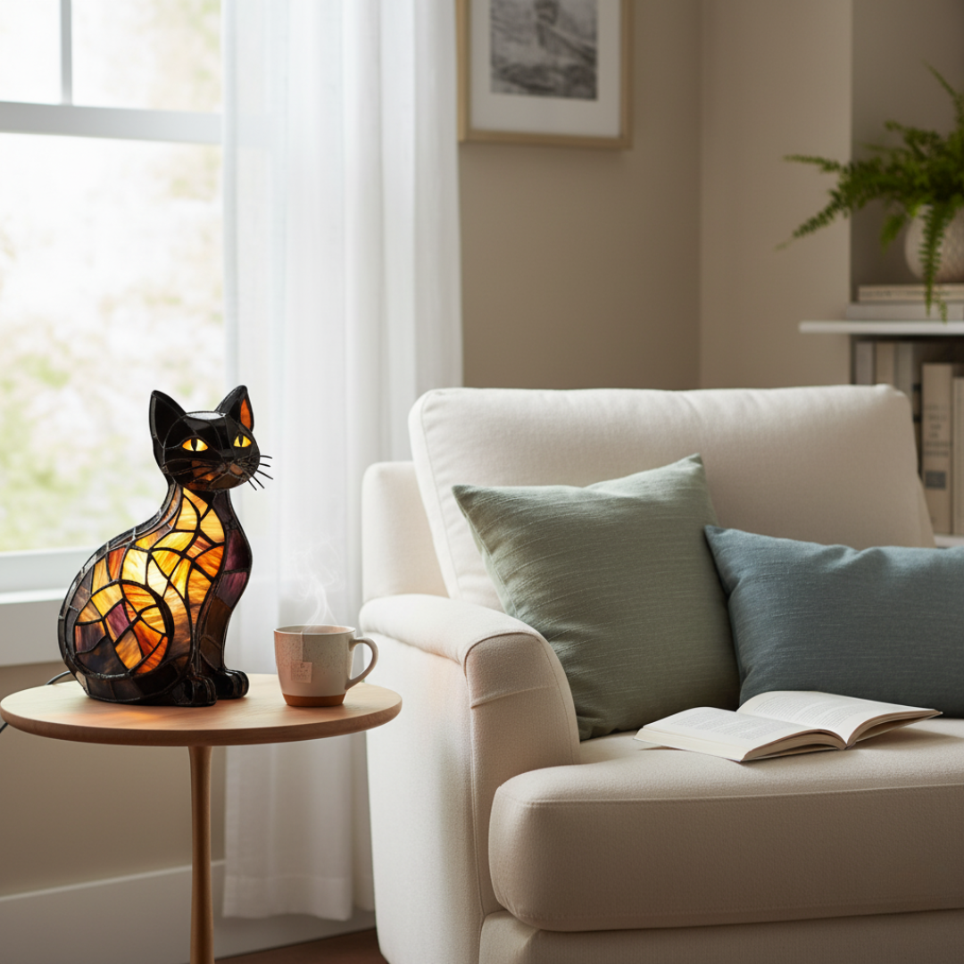 Kunstlampe i Glasmosaik – NightShining Cat