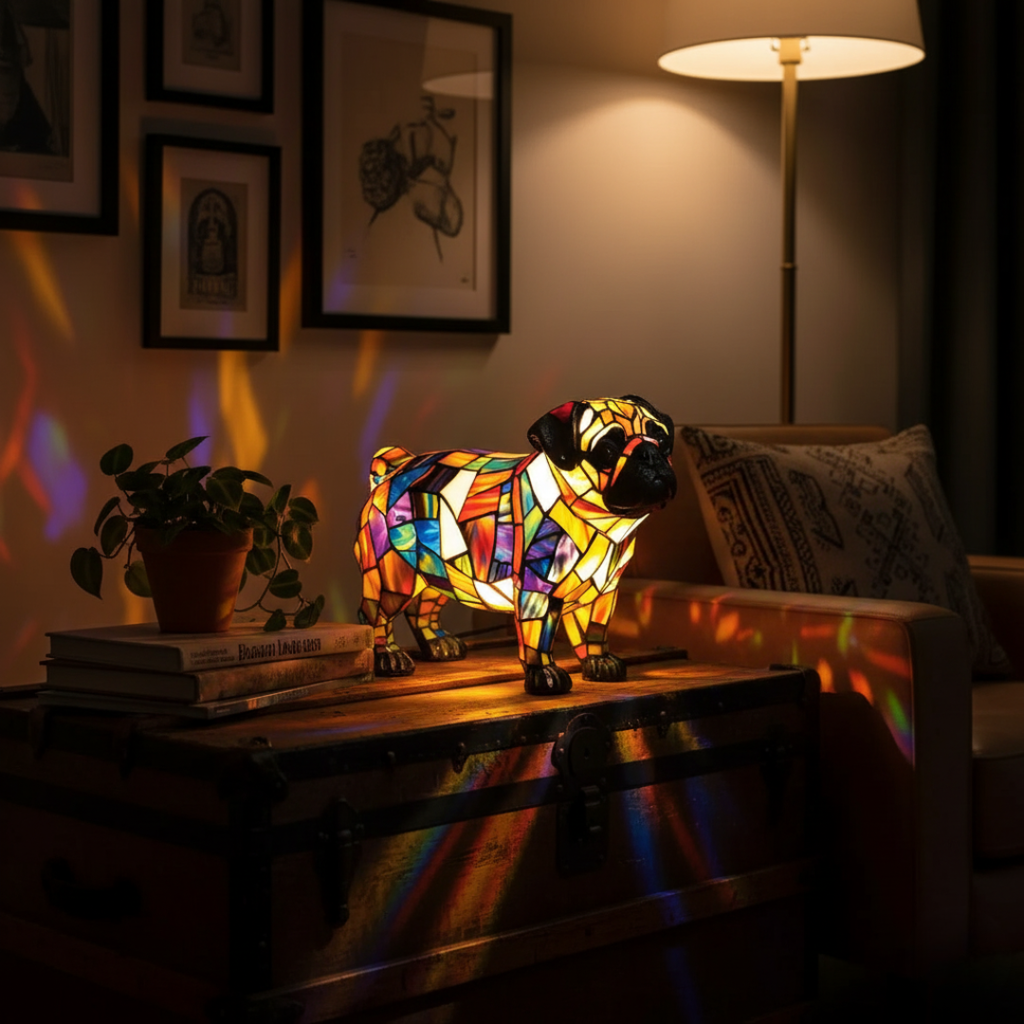 Kunstlampe i Glasmosaik – Shining Pug