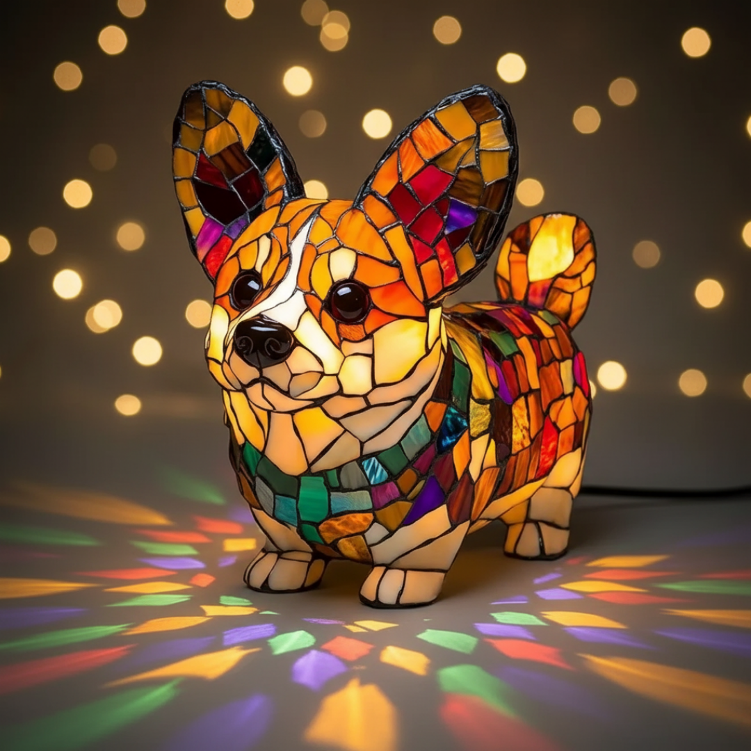 Kunstlampe i Glasmosaik – Shining Corgi