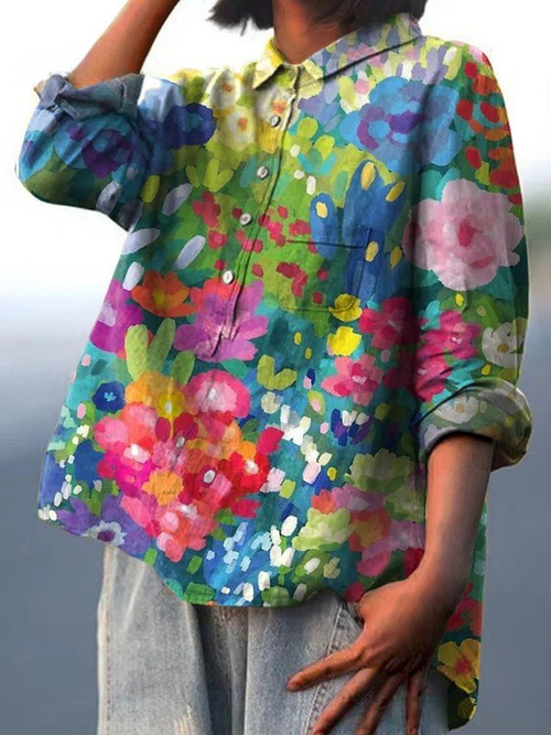Bluse med vintage blomstermønster til kvinder | Afslappet rosendesign