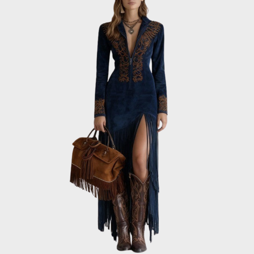 Victoria | Boho-kjole i ruskind med frynser