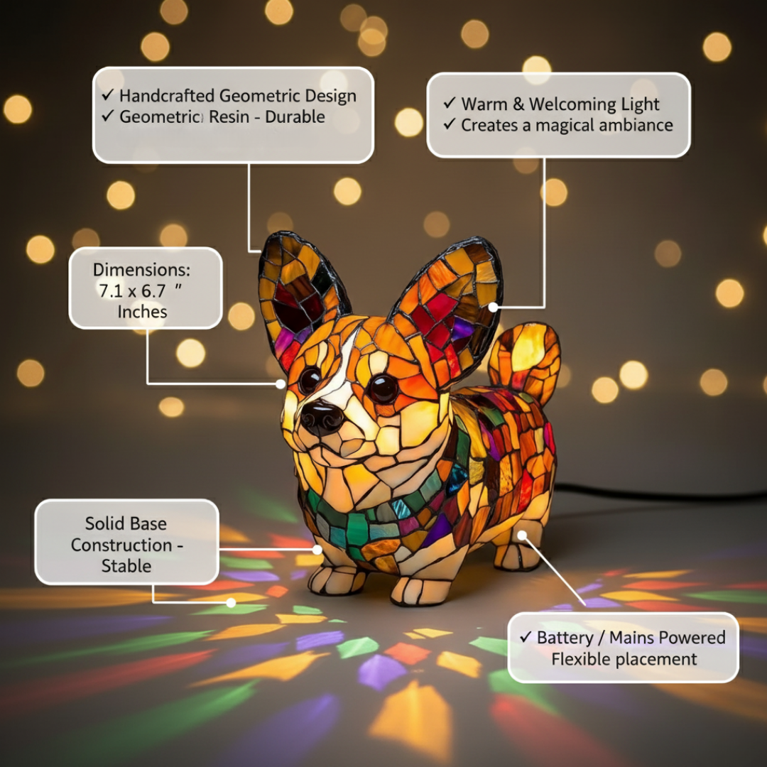 Kunstlampe i Glasmosaik – Shining Corgi