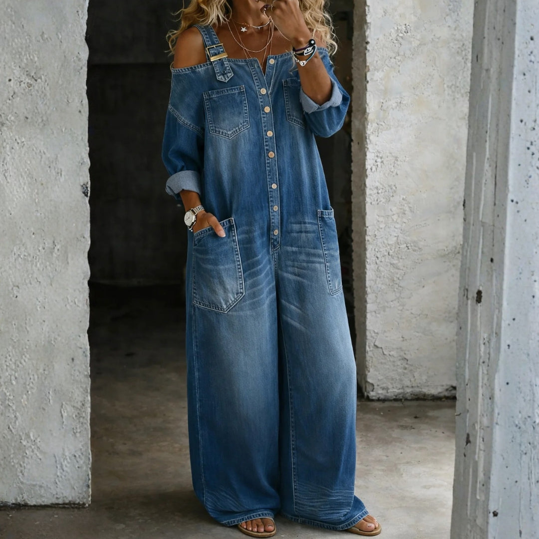 Erna – Off-shoulder buksedragt i denim