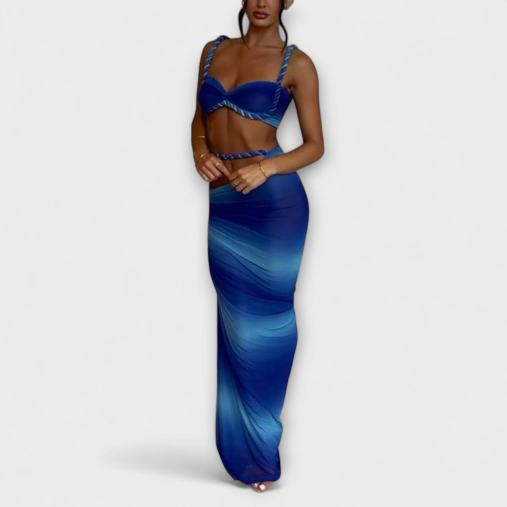 Jane – Stilfuldt sæt med flettet croptop i farveovergang og overnederdel