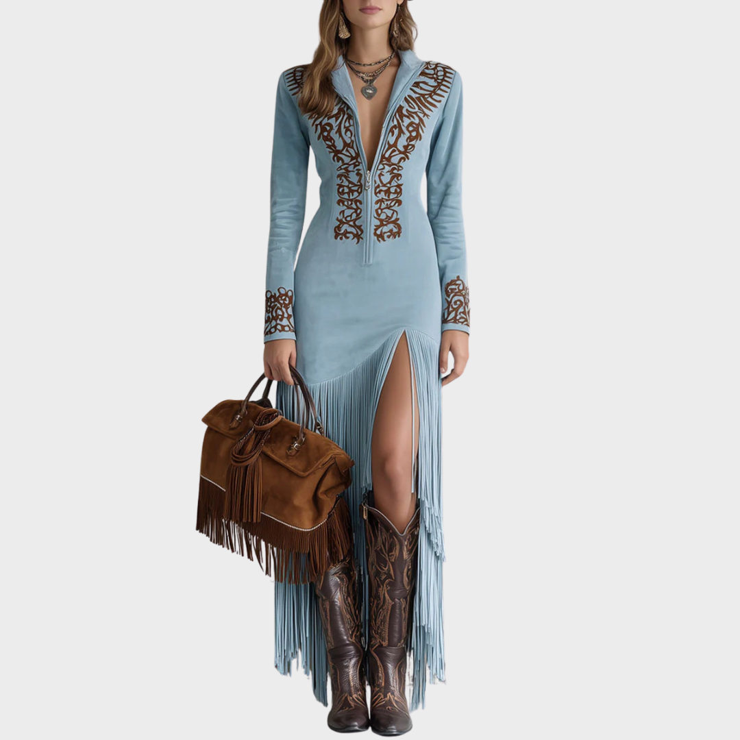 Victoria | Boho-kjole i ruskind med frynser