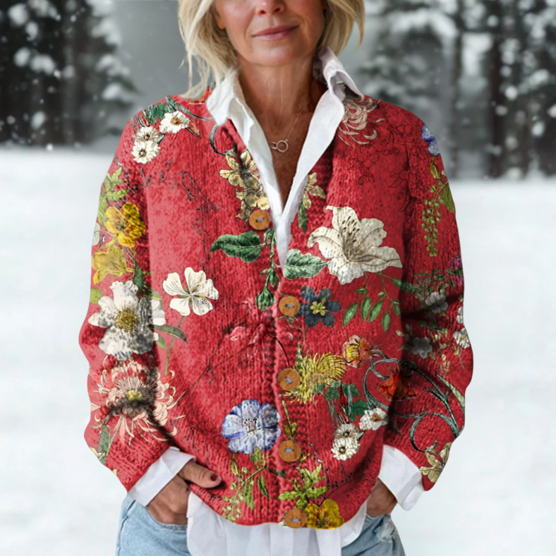 Ingelise | Cardigan med blomster i karmosinrød