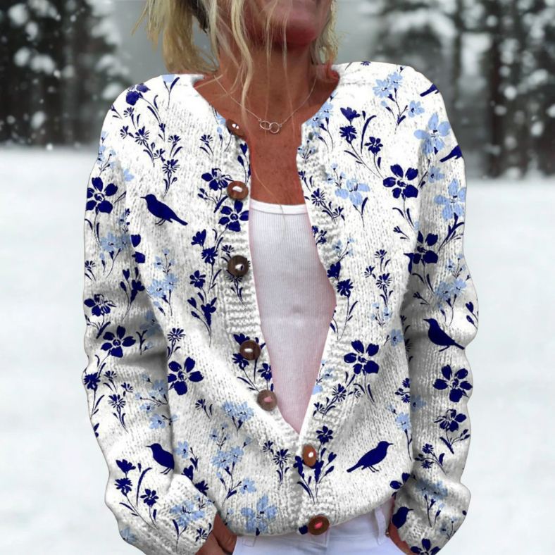 Elna | Botanisk cardigan med blå fugle