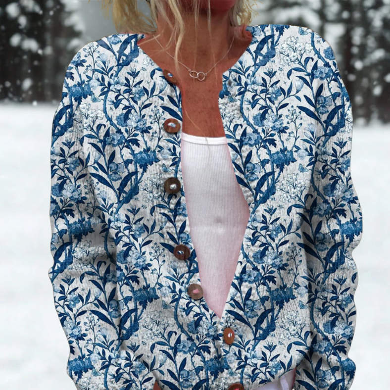Alexandra | Cardigan med blåt botanisk print