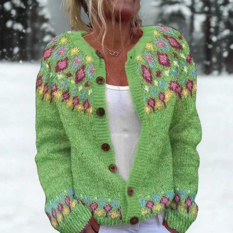 Yvonne | Grøn cardigan med folkloreblomster