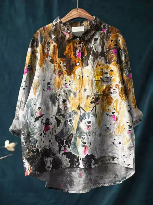 Marit | Afslappet bluse med kunstnerisk hundeprint