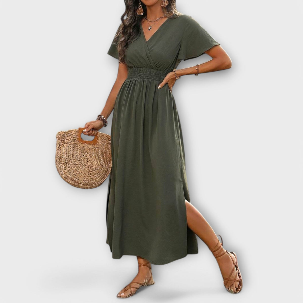 Jonna – En elegant boho-kjole med V-udskæring og lange ærmer