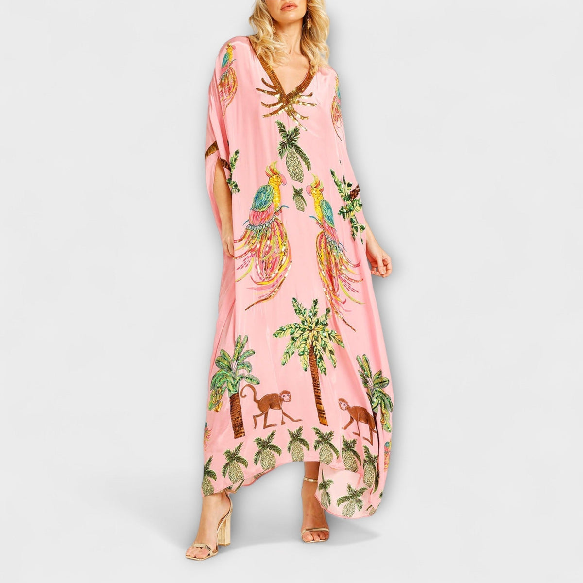 Linda – Off-shoulder-kjole med asymmetrisk skulder og palmeprint