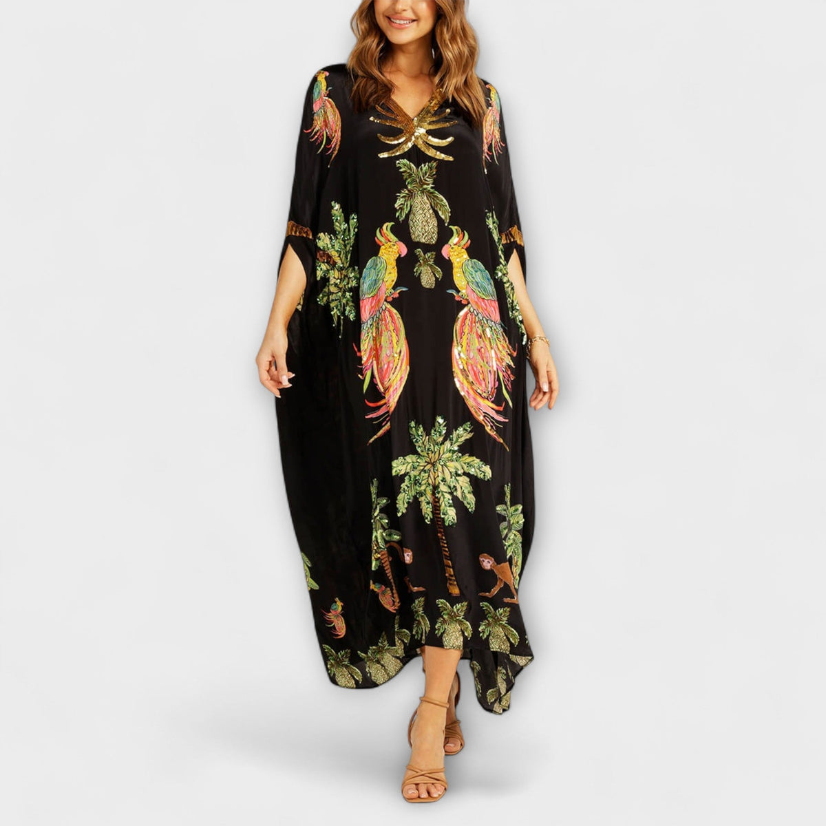 Linda – Off-shoulder-kjole med asymmetrisk skulder og palmeprint