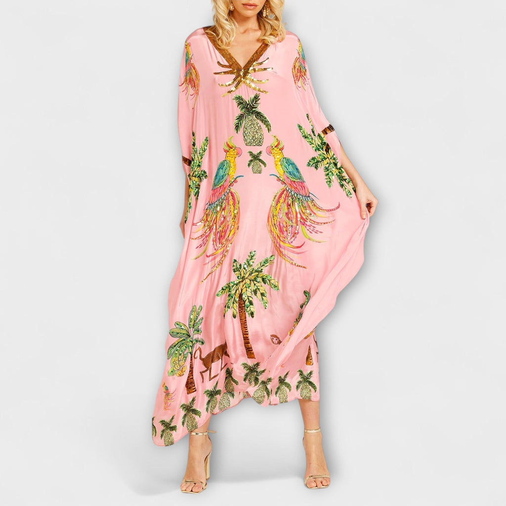 Linda – Off-shoulder-kjole med asymmetrisk skulder og palmeprint