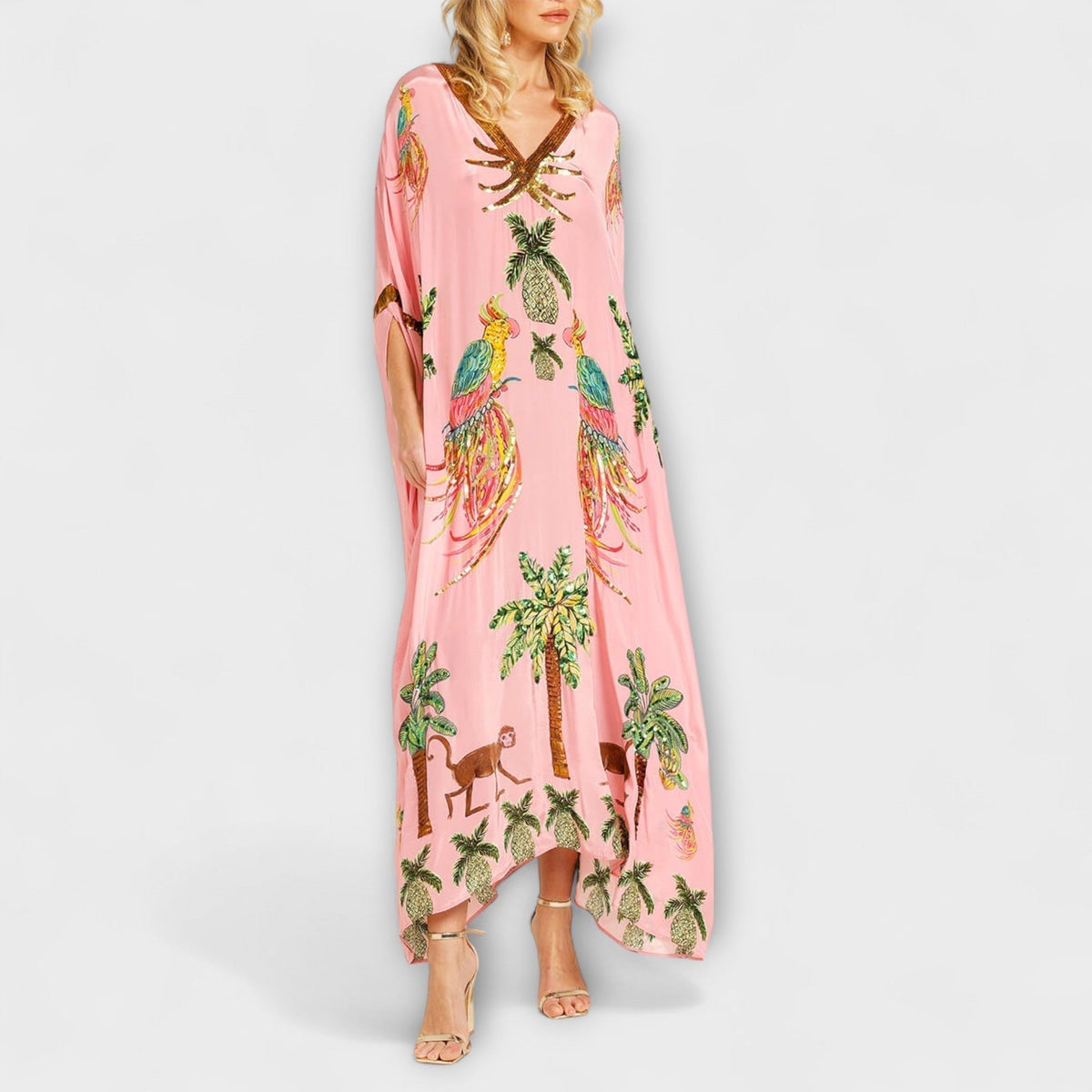 Linda – Off-shoulder-kjole med asymmetrisk skulder og palmeprint