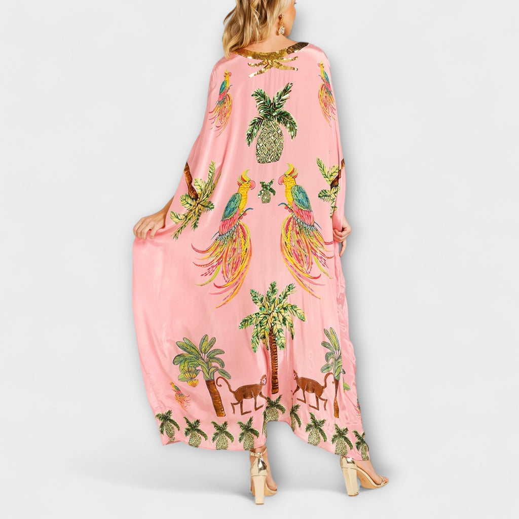 Linda – Off-shoulder-kjole med asymmetrisk skulder og palmeprint