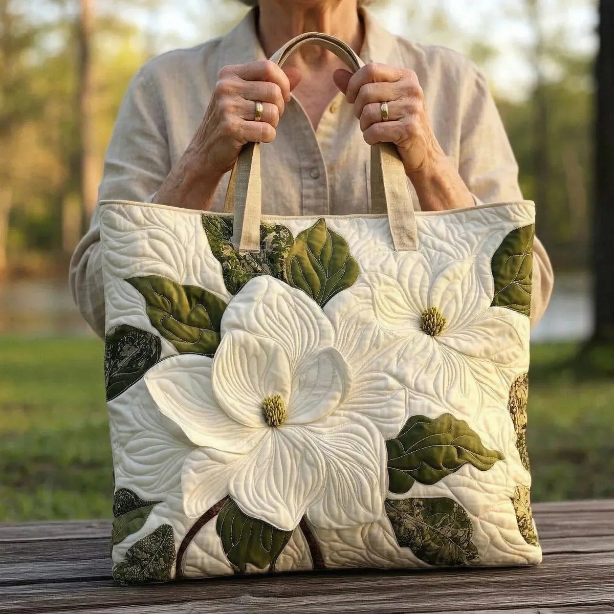 Håndlavet Totetaske – Elegant White Lily