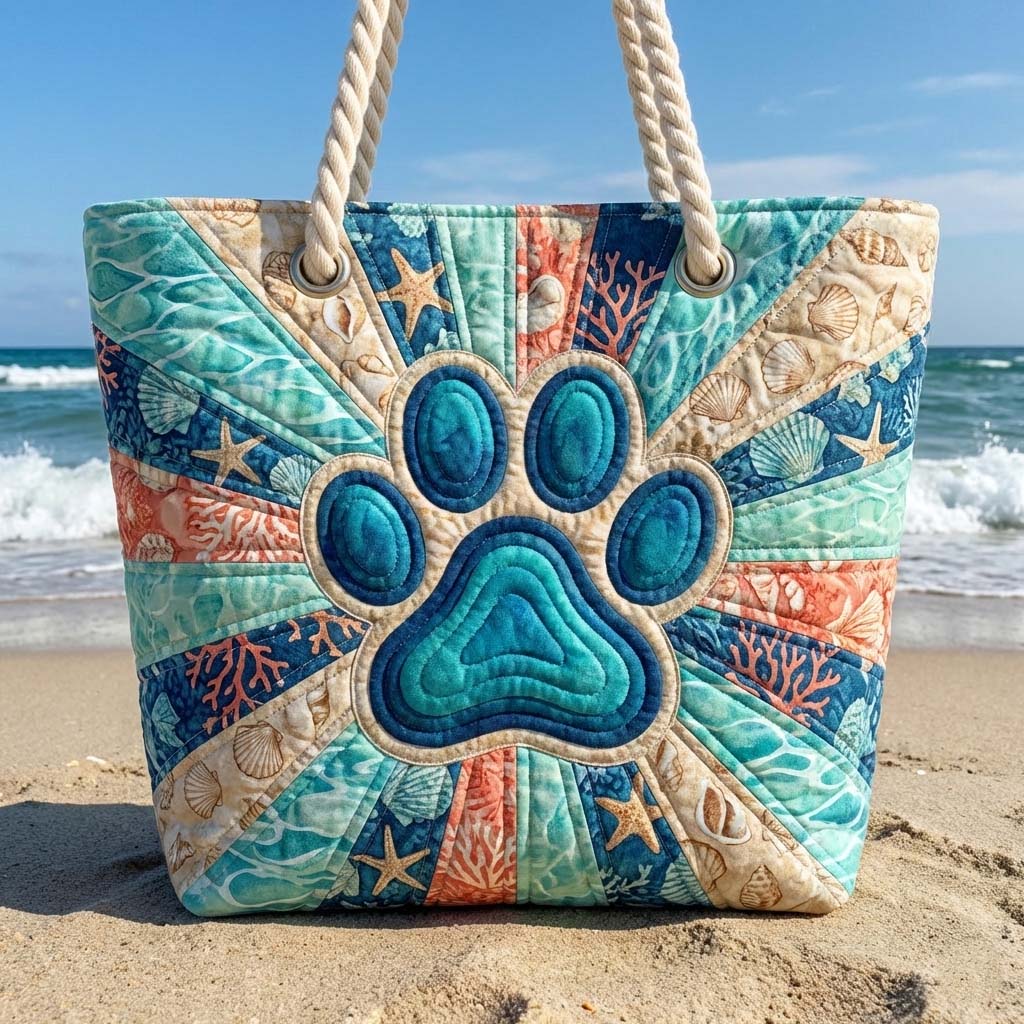 Håndlavet Strandtaske – Paw Prints Motif
