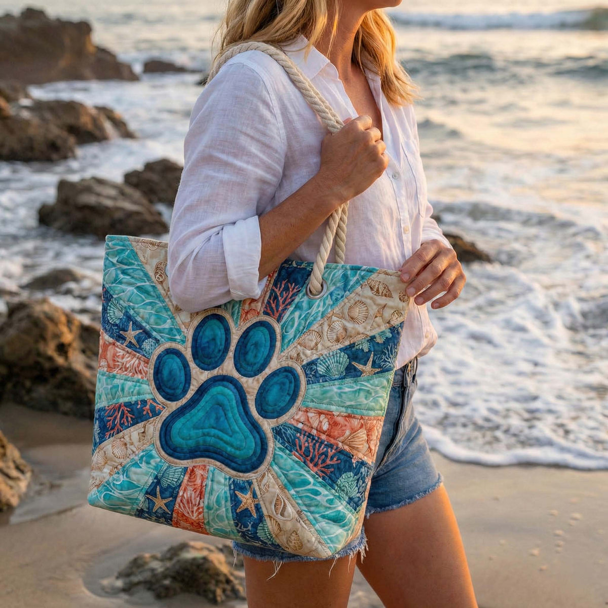 Håndlavet Strandtaske – Paw Prints Motif