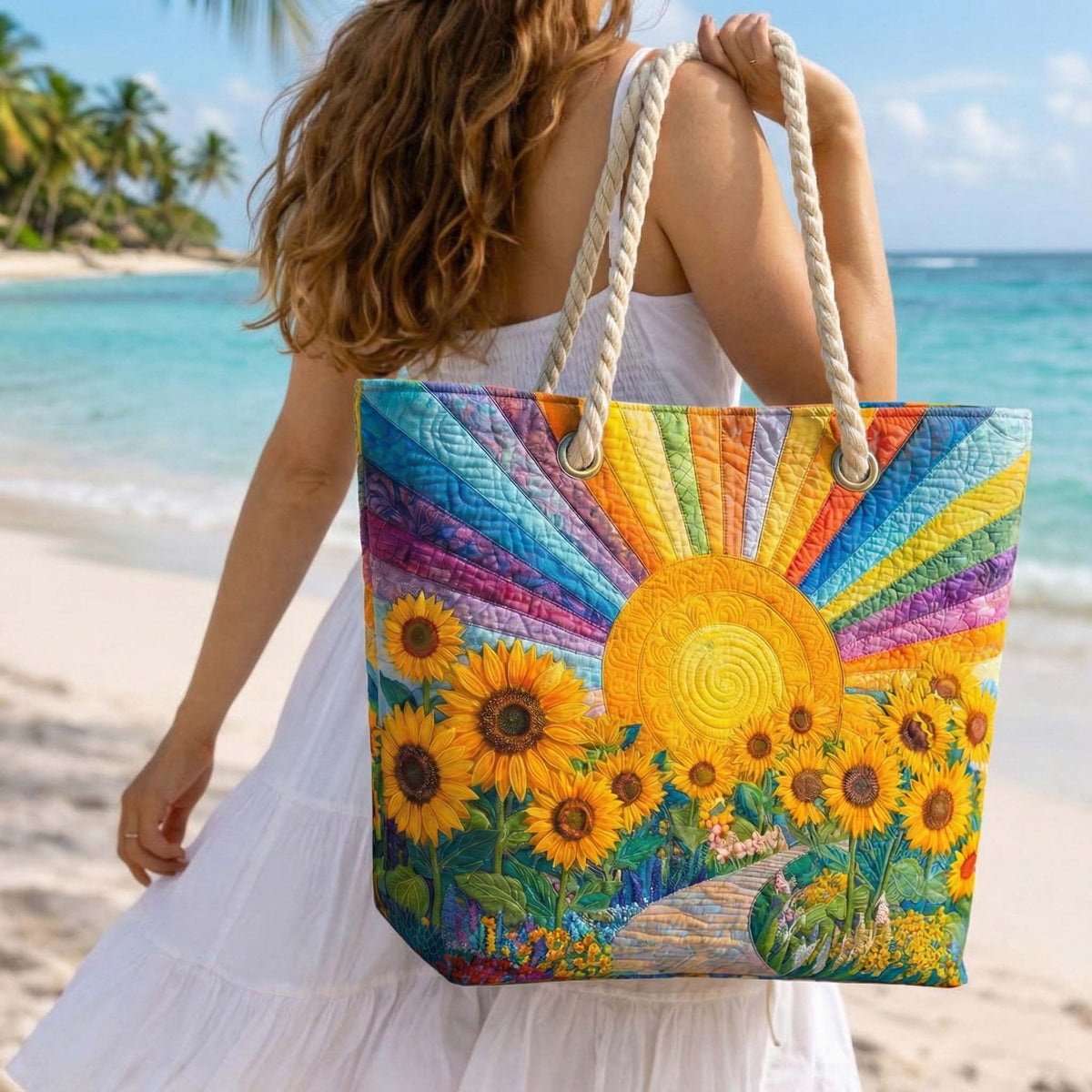 Håndlavet Strandtaske – Rainbow Sun