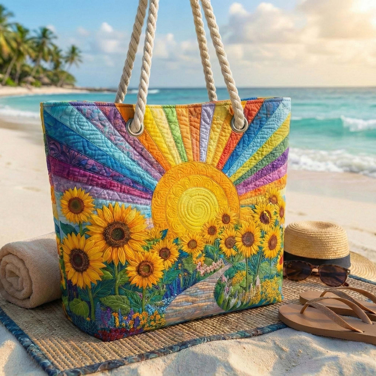Håndlavet Strandtaske – Rainbow Sun