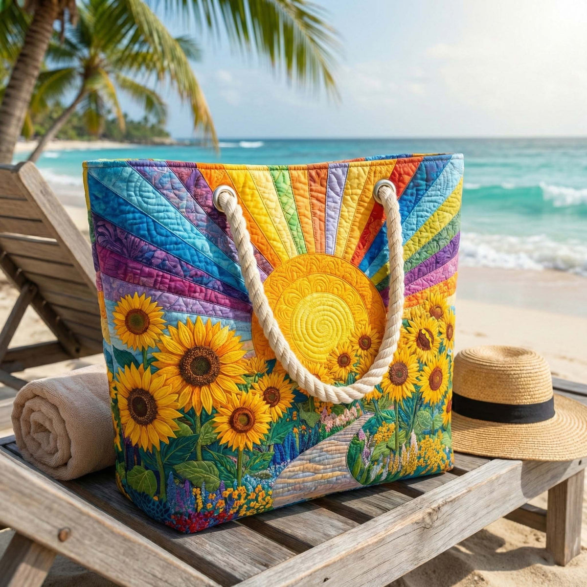 Håndlavet Strandtaske – Rainbow Sun