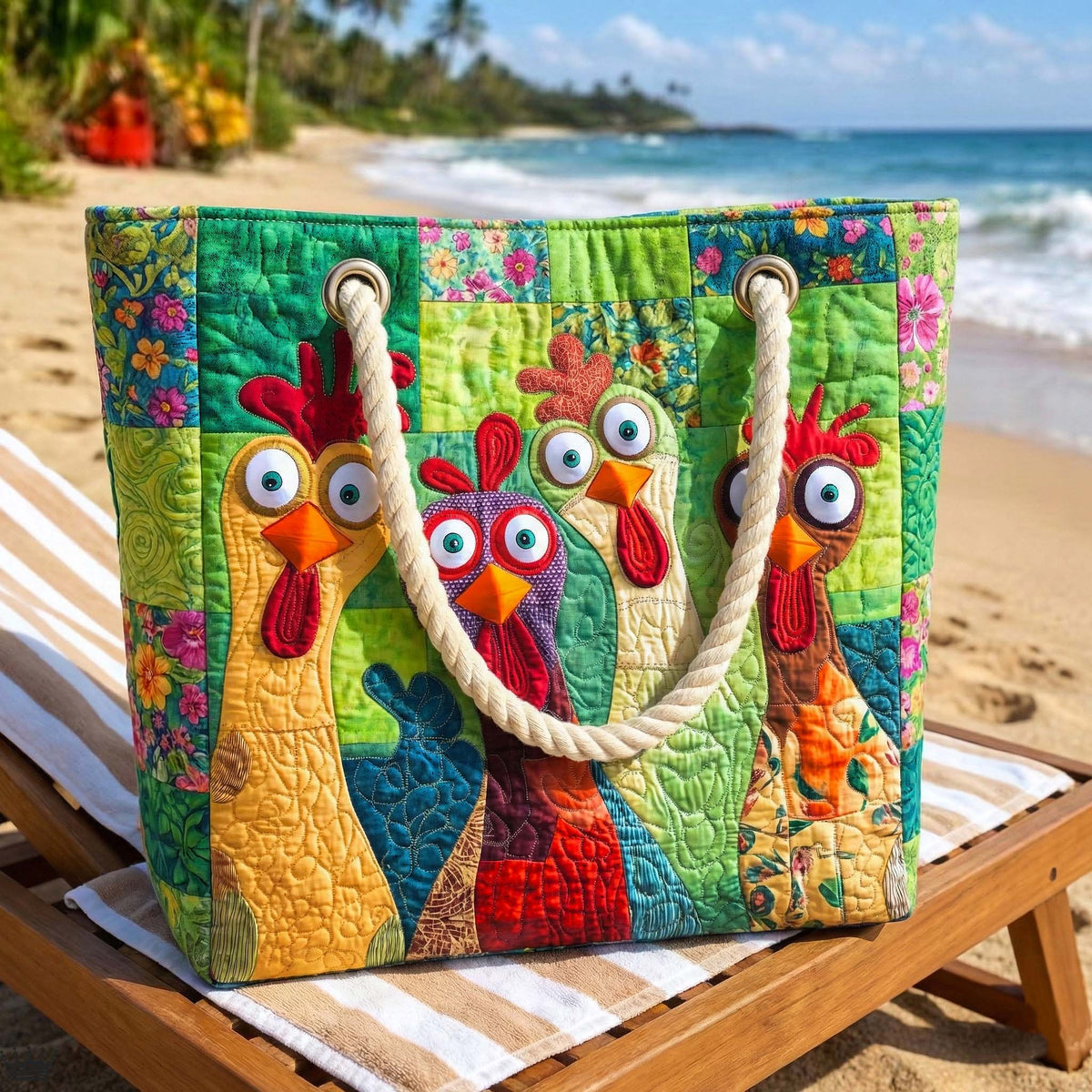 Håndlavet Strandtaske – Funky Chicken Art Sand