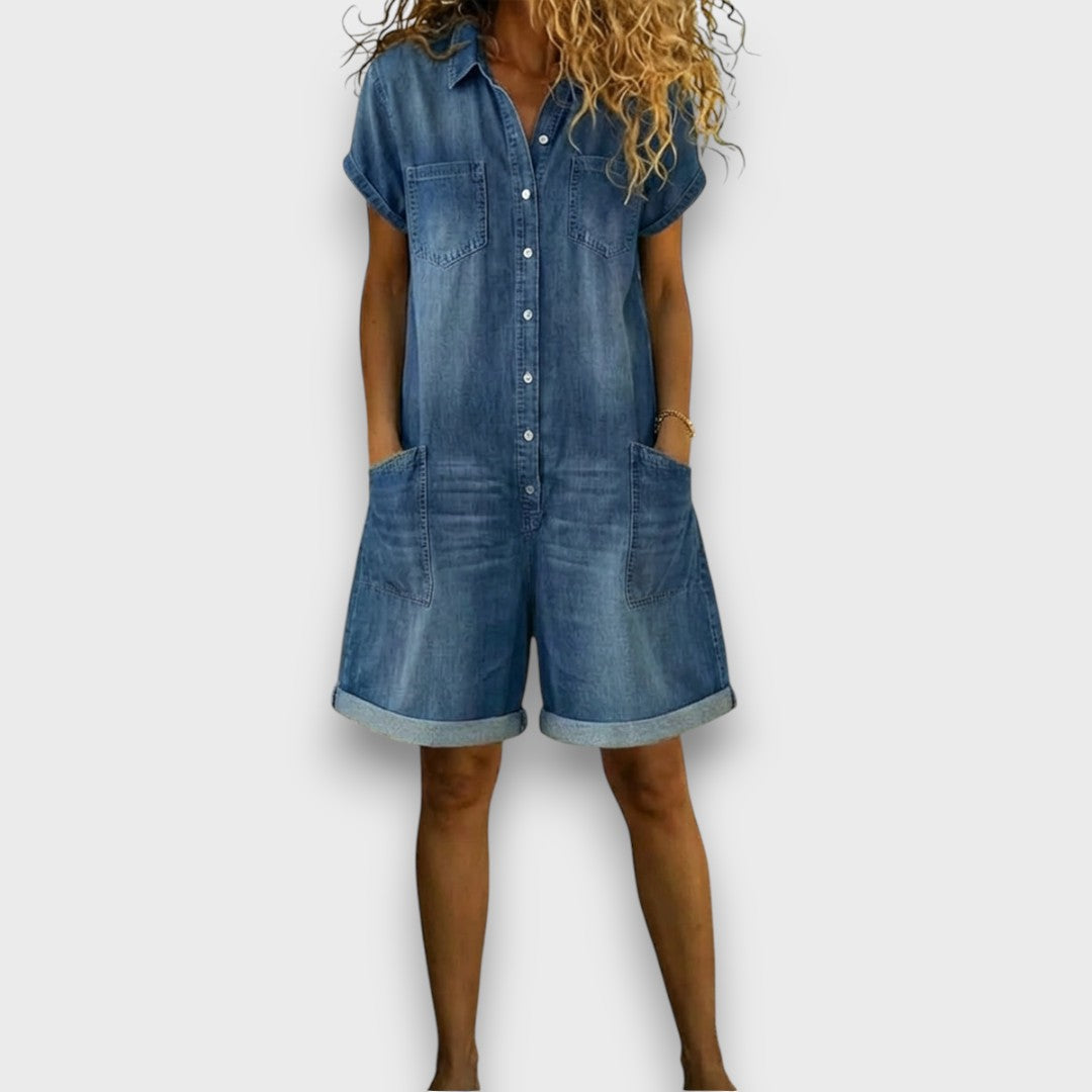 Elsebeth – Kort buksedragt i vintagebomuld med denimlook
