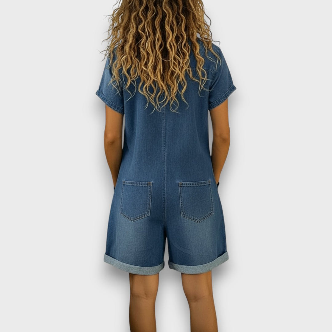 Elsebeth – Kort buksedragt i vintagebomuld med denimlook