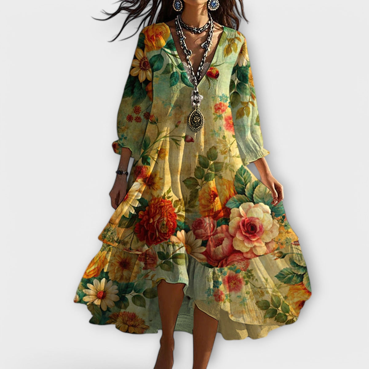 Marina – Vintage boho-kjole med blomstret mønster og V-hals