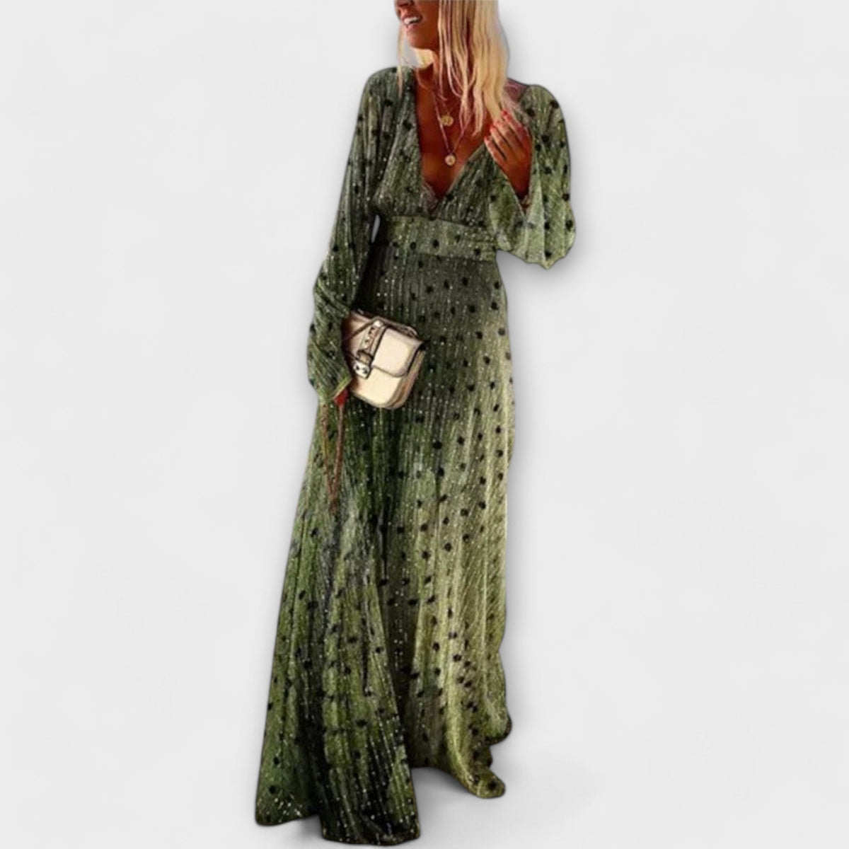 Elegant lang kjole med prikket print